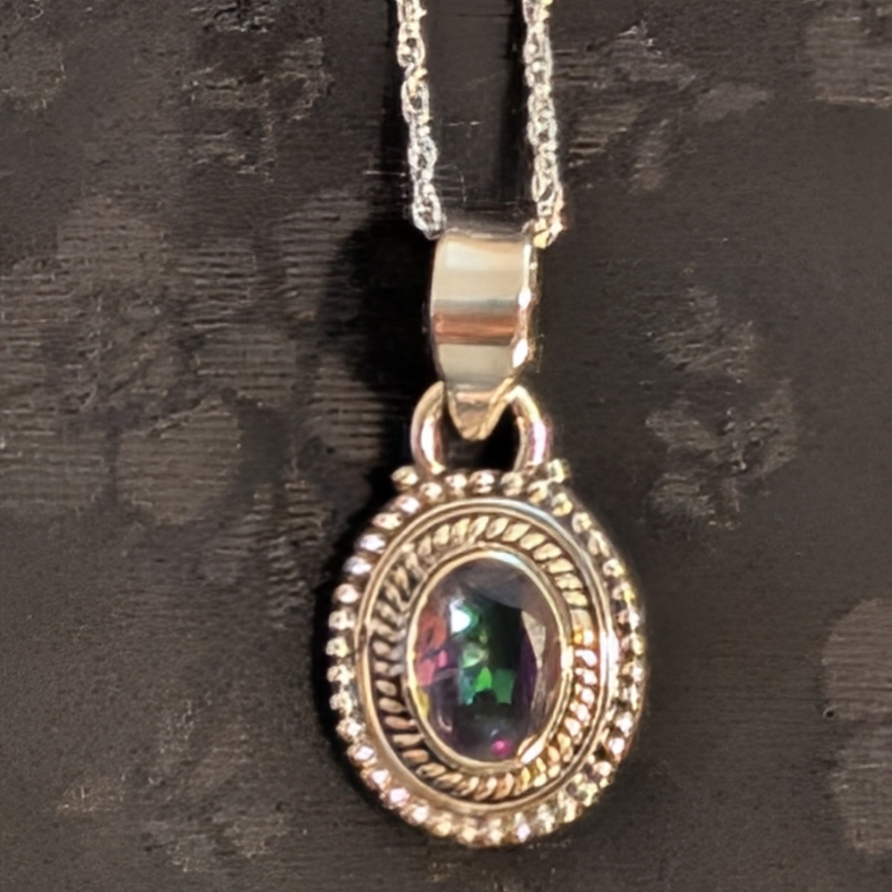 Colorful Solid Sterling Silver Mystic Topaz Type CZ Pendant Necklace 18" Chain
